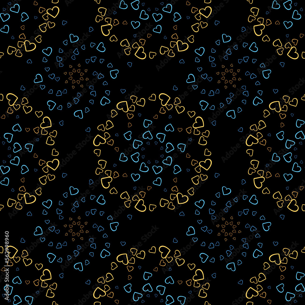 Seamless pattern of yellow and dark blue hearts flowers on a black background. Print with hearts in kaleidoscopic ornamental style.