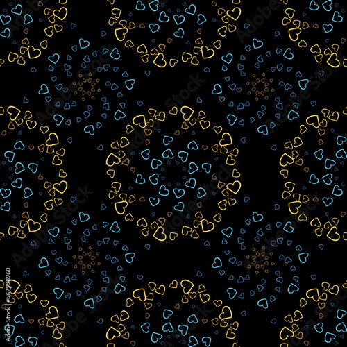 Seamless pattern of yellow and dark blue hearts flowers on a black background. Print with hearts in kaleidoscopic ornamental style.