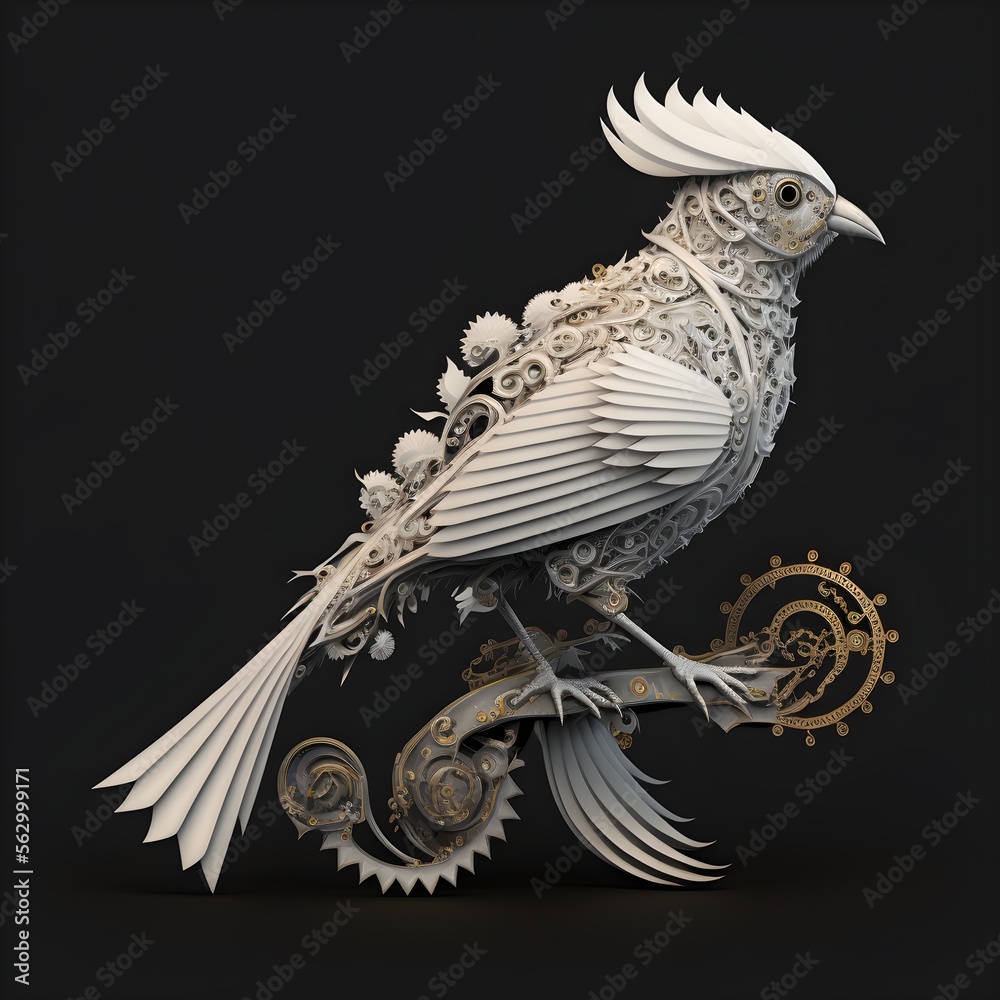 white steampunk bird, clockwork bird with long tail feathers, gears and
