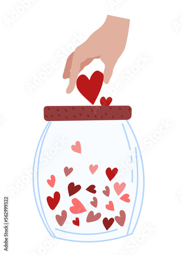 Red hearts in a jar. The concept of goodness, love, support. Charity and donations. Bright illustrations for thank you cards, mother's day, care, greeting cards and more.Vector.