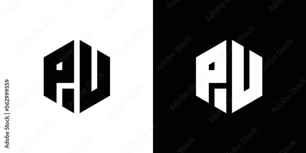 Letter P U polygon, Hexagonal minimal and professional logo design on black and white background