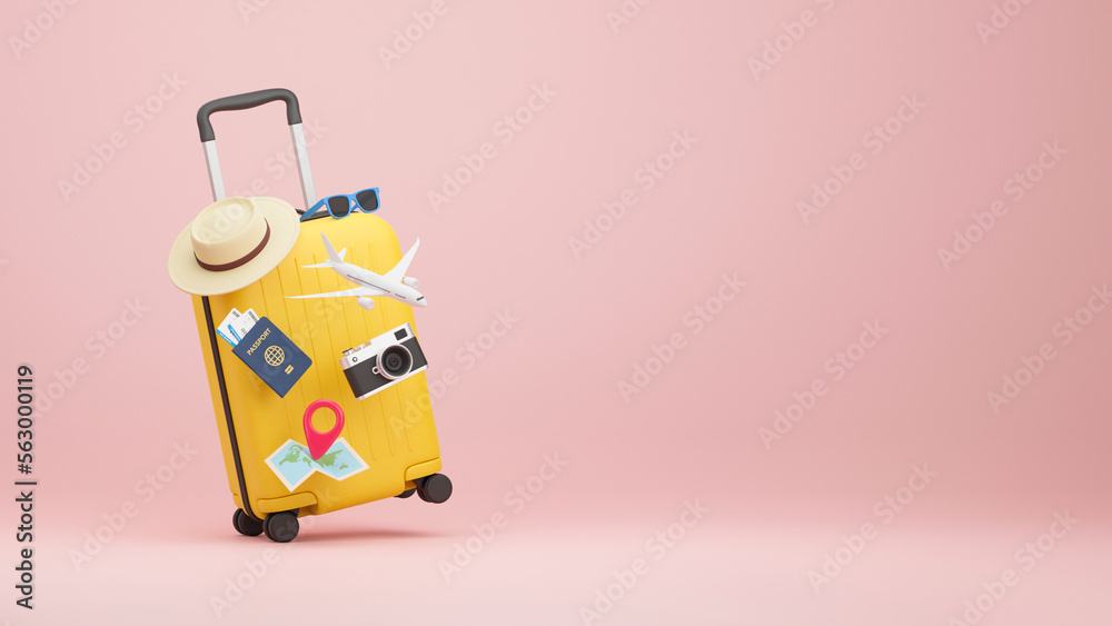 Traveler tourist accessories luggage suitcase sun glasses hat camera passport tickets vacation holidays trip plane map pin. travel concept. 3d rendering. Traveler tourist accessories luggage suitcase sun glasses hat camera passport tickets vacation holidays trip plane map pin. travel concept. 3d rendering.