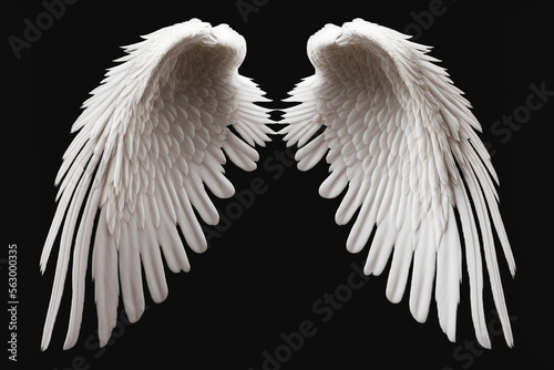 Isolated white angel wing black background realistic, Generative AI