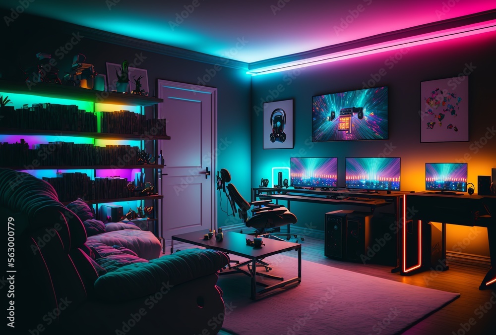 Interior of colorful modern gaming room with neon light. Playing