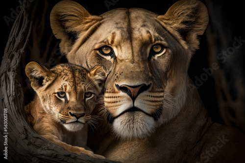 Fotografiet Lioness mother with young cub snuggling in to her. Digital art