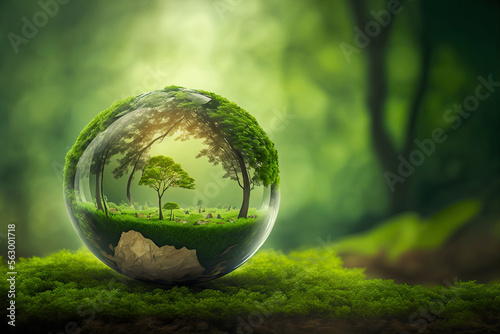 Earth crystal ball with plants inside. Save the environment  save a clean planet  ecology concept. Card for World Earth Day. Digital art