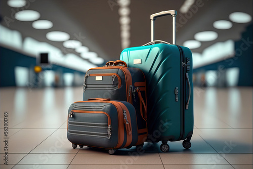 Two suitcases standing in empty airport hall, unrecognizable traveller's luggage waiting in terminal, creative banner for air travels or vacation trip, panorama with copy space. Digital art