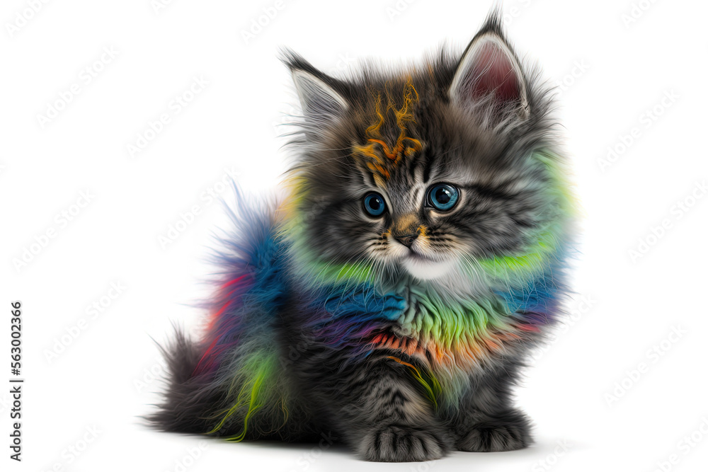 cute kitten with fluorocentric multicolored colorful fur isolated on a white background. Holi holiday. Cat covered in paint.  [Digital art. Generative AI painting]