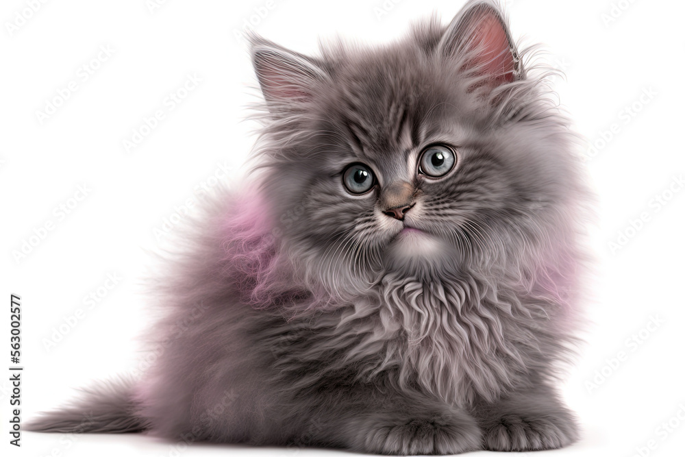 cute gray kitten with pink fur isolated on a white background. Holi holiday. Cat covered in paint.  [Digital art. Generative AI painting]