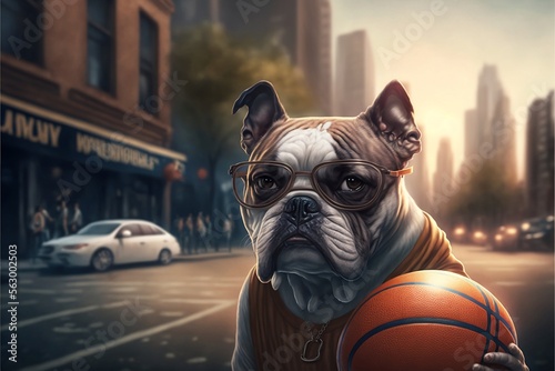 Cinematic landscape of a Cute dog holding a basketball , a city in the background created by AI 