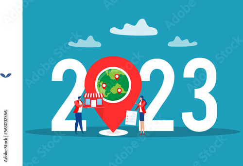 Franchise business 2023 year concept businessman holding magnifying glass for investment with small business or franchise branch expansion strategy vector