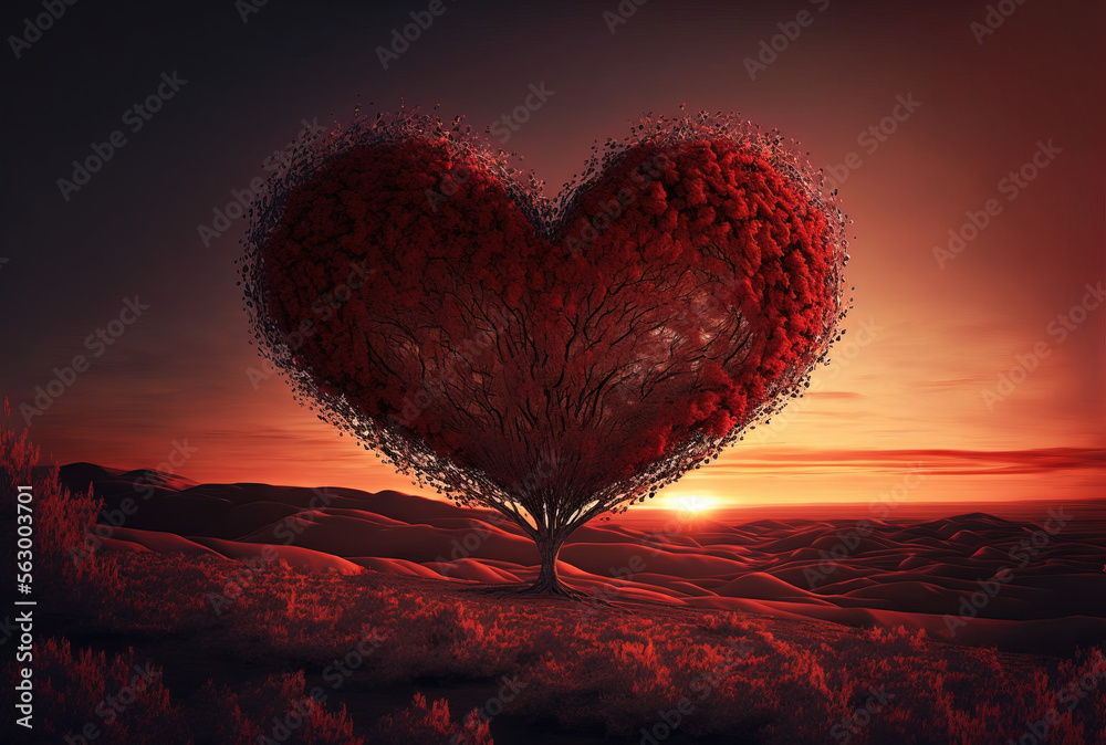 Fototapeta premium Heart Tree Love For Nature Red Landscape At Sunset in the desert. Generative AI.