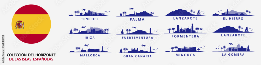 Colección de paisajes españoles de islas en España, como Ibiza, Tenerife, Las Palmas, Gran Canaria, Menorca, Formentera, Lanzarote, Fuerteventura