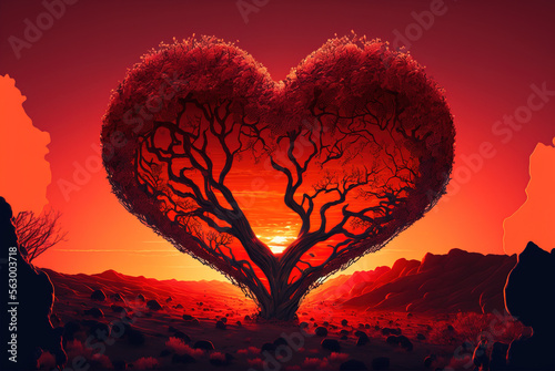 Heart Tree Love For Nature Red Landscape At Sunset, beautiful red sky. Generative AI.
