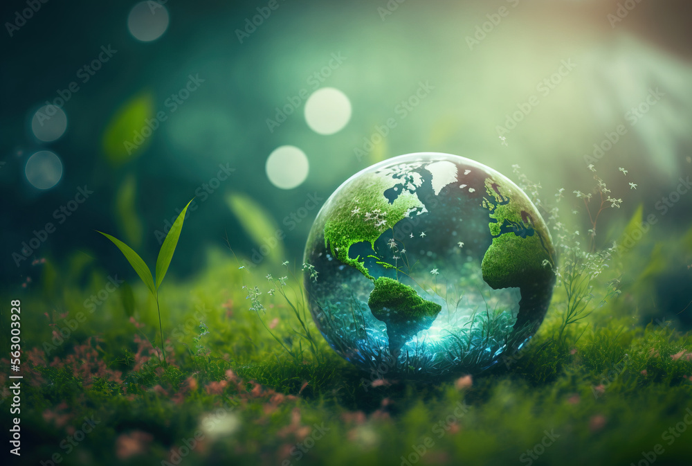 Planet Earth is in the grass, bokeh background, macro. Generative AI.