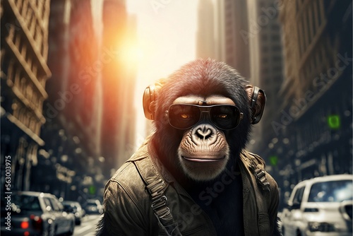 Stylish fashion monkey, chimpanzee walking in the street Cinematic landscape. Generative ai
 photo