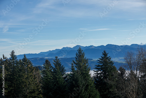 Beautiful view of landscape of Austrian mountains and forest, blue sky