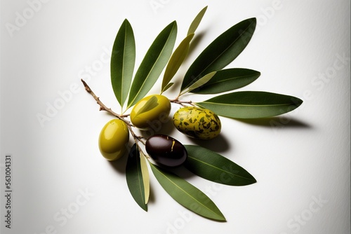  a group of olives and leaves on a white surface with a white background and a green olive on the left side of the image, and a yellow olive on the right side of the., generative ai photo