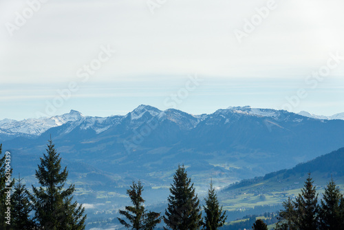 Landscape of Austrian mountains and forest, blue sky