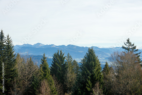 Beautiful view of landscape of Austrian mountains and forest, blue sky