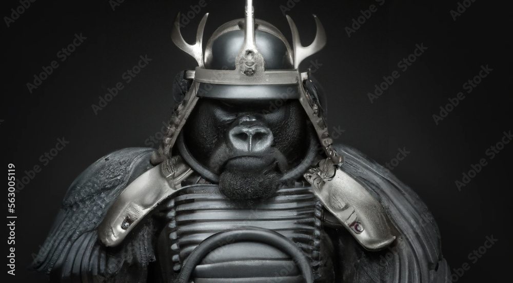 A powerful gorilla in samurai armor, strength and honor, standing proud in the dark, generative ai A powerful gorilla in samurai armor, strength and honor, standing proud in the dark, generative ai