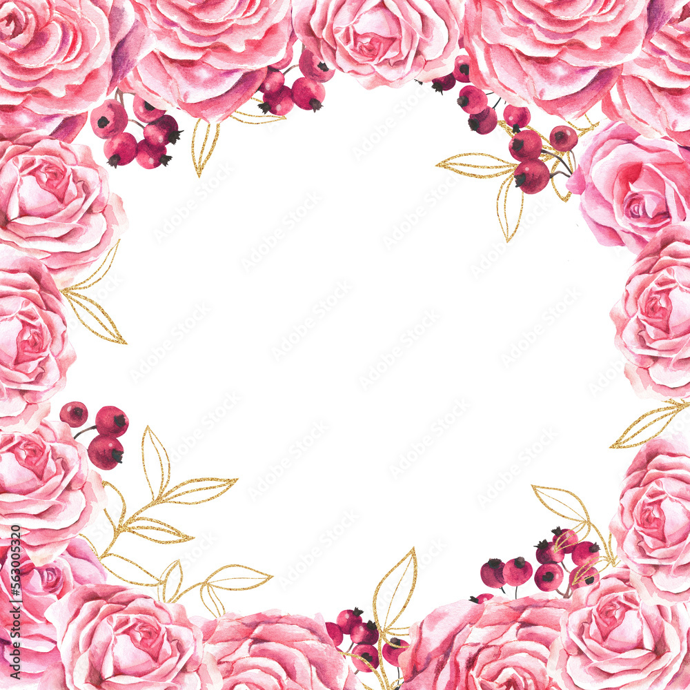 Square composition of pink roses, berri?s, golden branches and butterflies on a white background. Watercolor illustration. Square composition of pink roses, berri?s, golden branches and butterflies on a white background. Watercolor illustration.