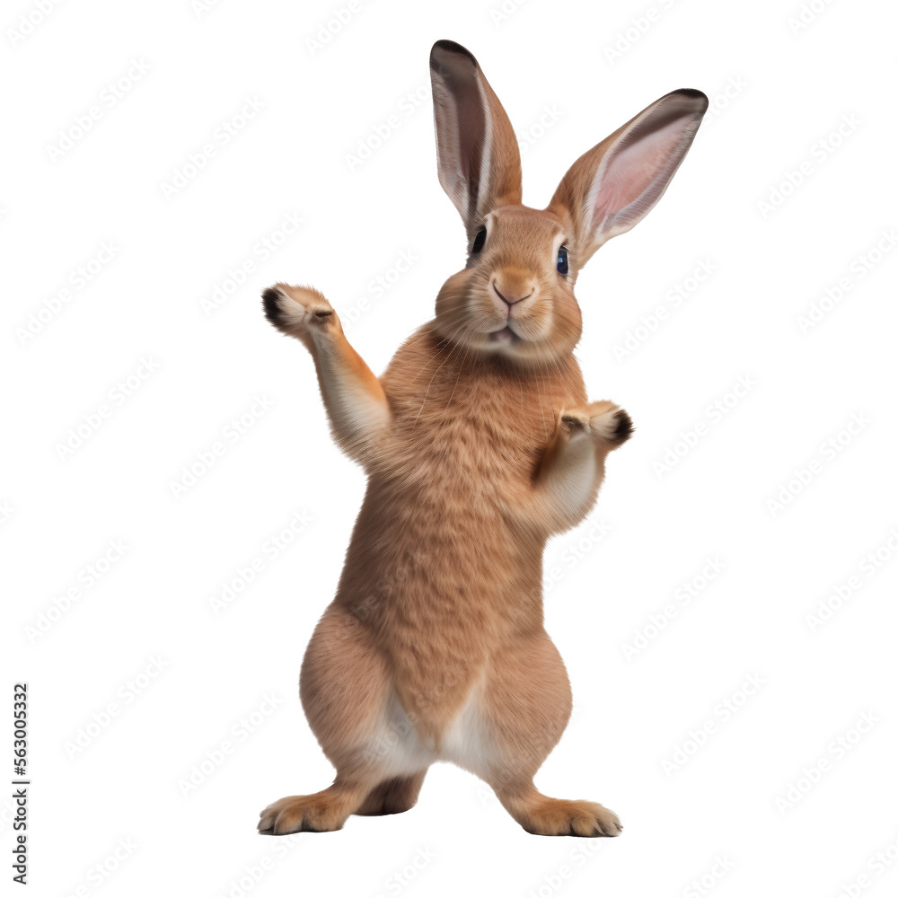 lapin roux de bout sur ses pattes arrière qui fait bonjour avec sa patte avant fond