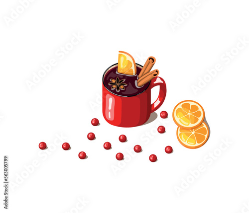Mulled wine with orange slice, cinnamon stick and anise in a mug. Flat style