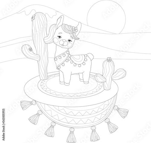 Cartoon cute lama in cactus desert sketch template. Comic alpaca vector illustration in black and white for games, background, pattern, decor. Coloring paper, page, story book. Print for fabrics 