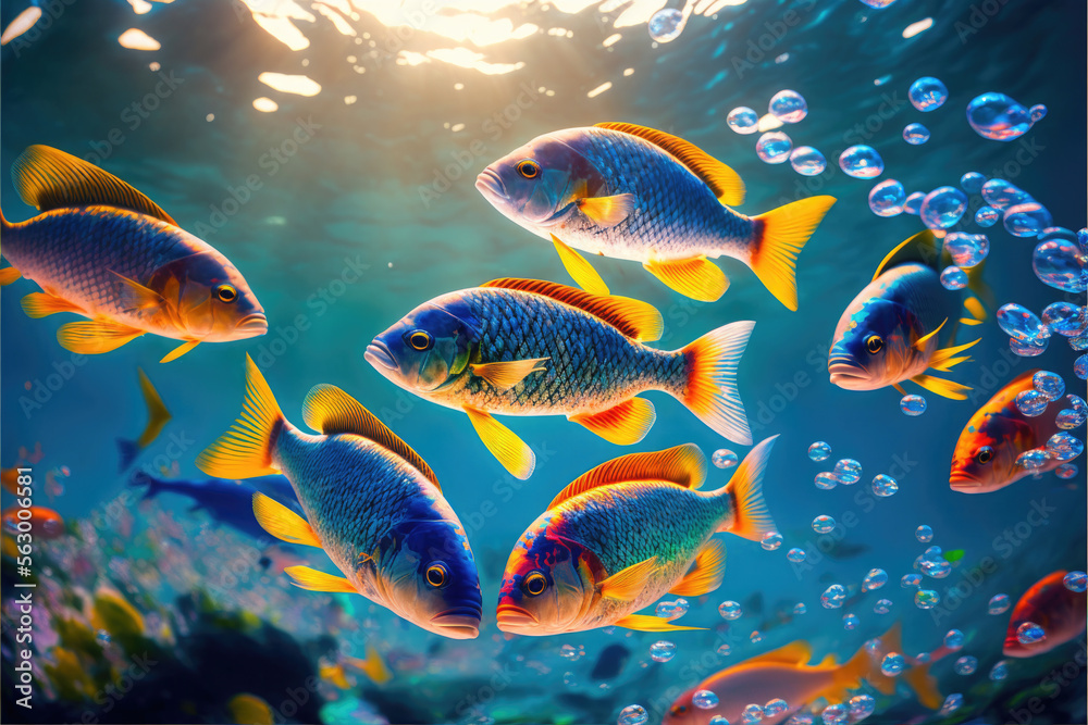 Naklejka premium Underwater wild world. Tropical fishes. Image created with Generative AI technology.