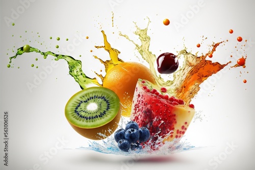  a fruit splashing into a glass of juice with a kiwi and orange slice on the side of it, with a splash of water on the side of the glass, and on the other side. © Nadia