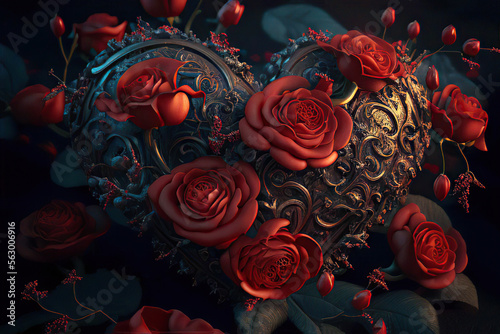 Beautiful ornate metallic heart with red roses, love, Generative AI