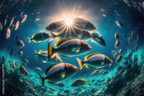 Underwater wild world. Tropical fishes. Image created with Generative AI technology.