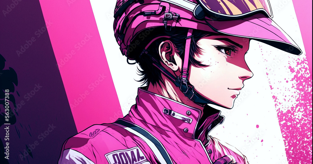 Anime style jockey in a horse racing competition. Generative AI. Stock