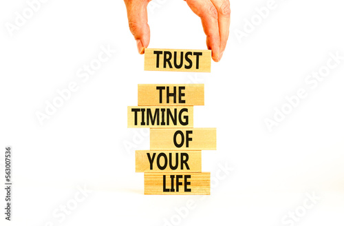 Timing of your life symbol. Concept words Trust the timing of your life on wooden blocks on a beautiful white table white background. Businessman hand. Business trust the timing of your life concept
