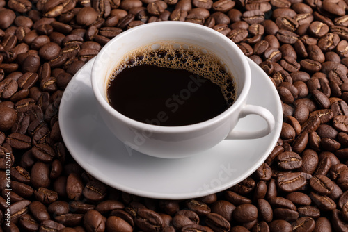 Morning black coffee or espresso in white cup with roasted coffee beans