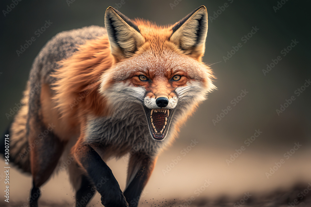 Fototapeta premium Red fox aggressive, hunting and attacking, predator, Generative AI