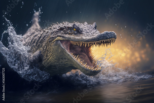 Crocodile jumping from water, hunting and attacking, predator, Generative AI © BPawesome