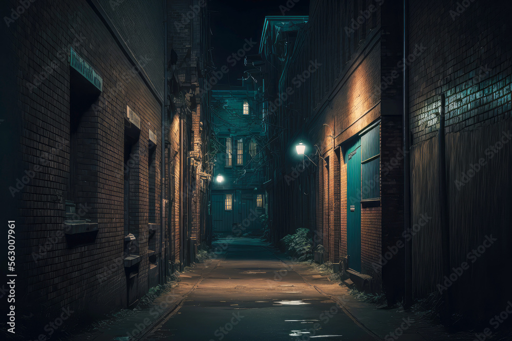 Abandoned alley with uncomplicated old brick buildings is illuminated by dim lantern - obrazy, fototapety, plakaty 