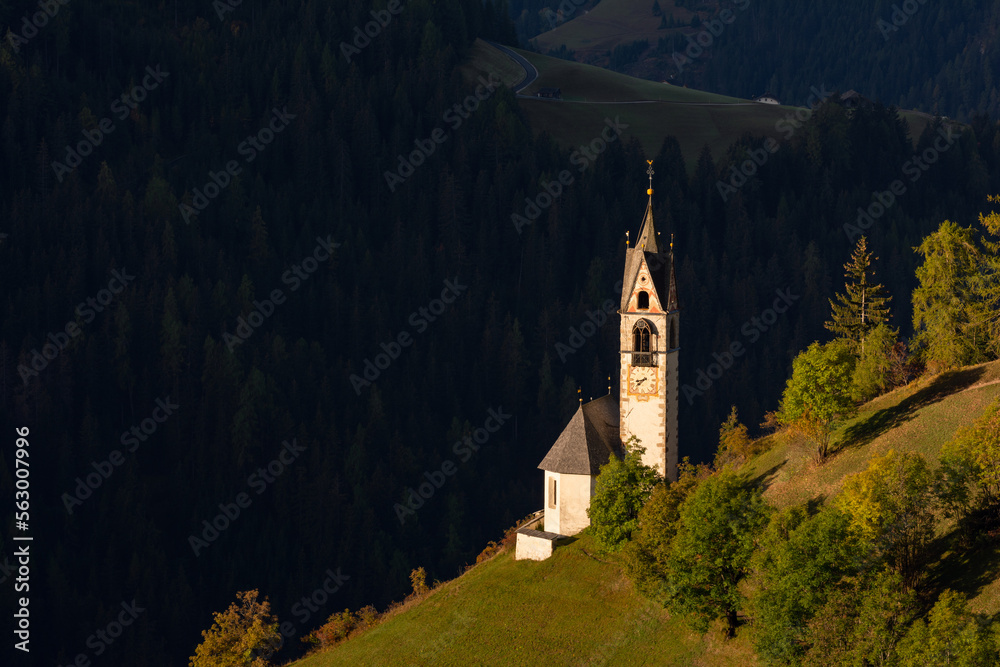 Beautiful landscape of church in Dolomites mountains