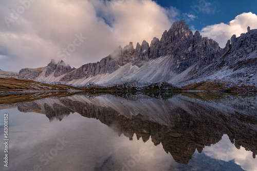 Landscape of mountain lake in natural park of Dolomites Alps