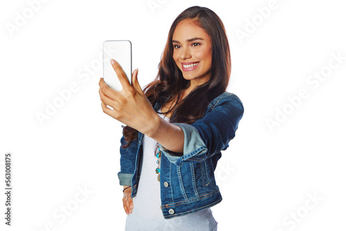 Woman, fashion or phone selfie on isolated white background for social media, profile picture or video call. Smile, happy model or influencer on mobile photography technology for blogging or vlogging