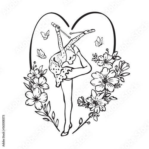 Vector illustration with a girl gymnast and flowers, butterflies. Woman athlete on a white background.