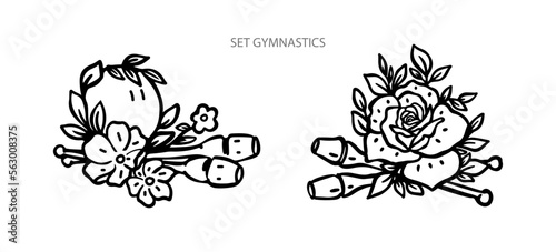 Hand drawn collection of sports equipment, Gymnastic clubs and flowers.