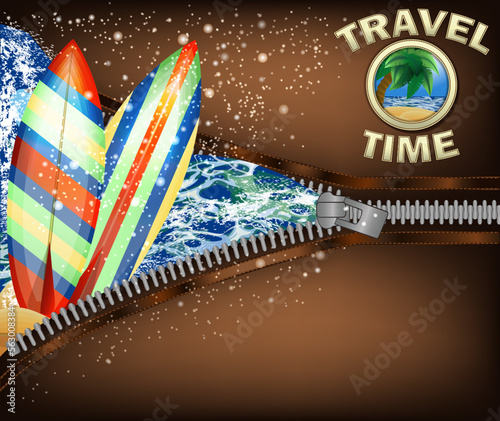 Travel Time vip card with zipper and surfoard, vector illustration