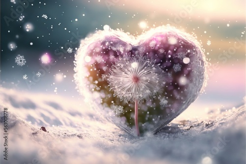  a heart shaped dandelion in the snow with a sky background and snow flakes on it, with a sunbeam in the center of the heart and a snowflaker., generative ai photo