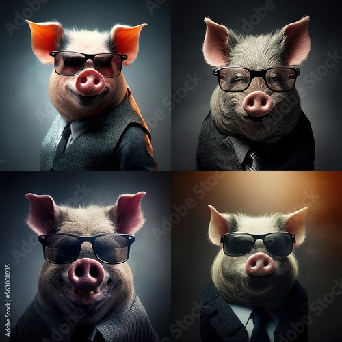 Foto A photo pig wearing a suit and sunglass, sometimes portrayed as a bad politician