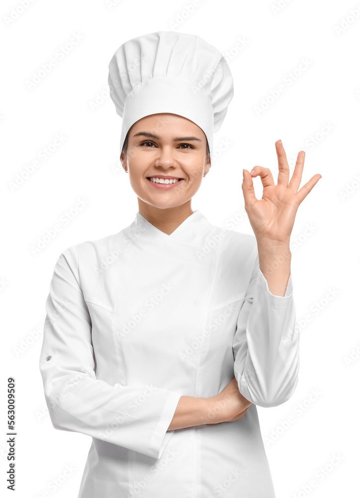 Happy female chef showing ok gesture on white background Happy female chef showing ok gesture on white background