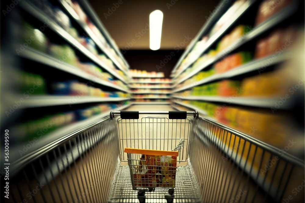 a shopping cart in a grocery store aisle with shelves of food in the ...
