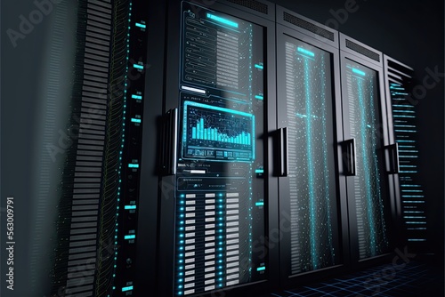 Super computer and quantum server rack in Data center control room. Generetive AI